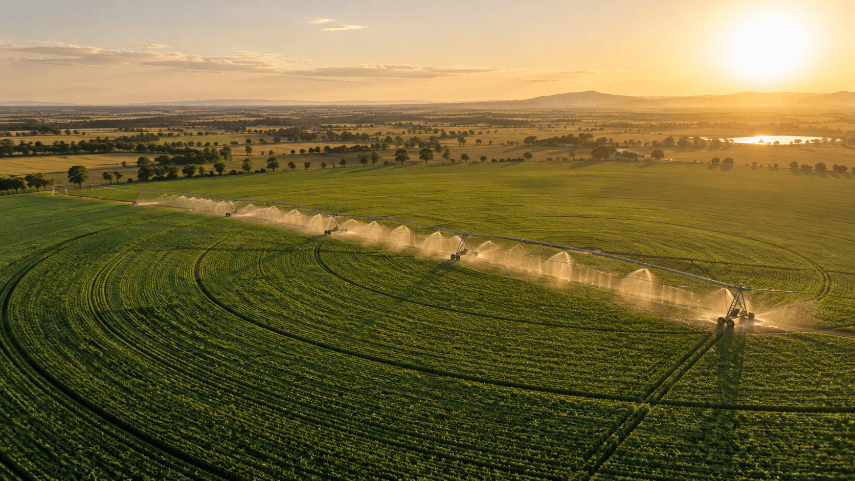 Aerial view of a center-pivot irrigation system watering a smart-monitored farm field at golden hour