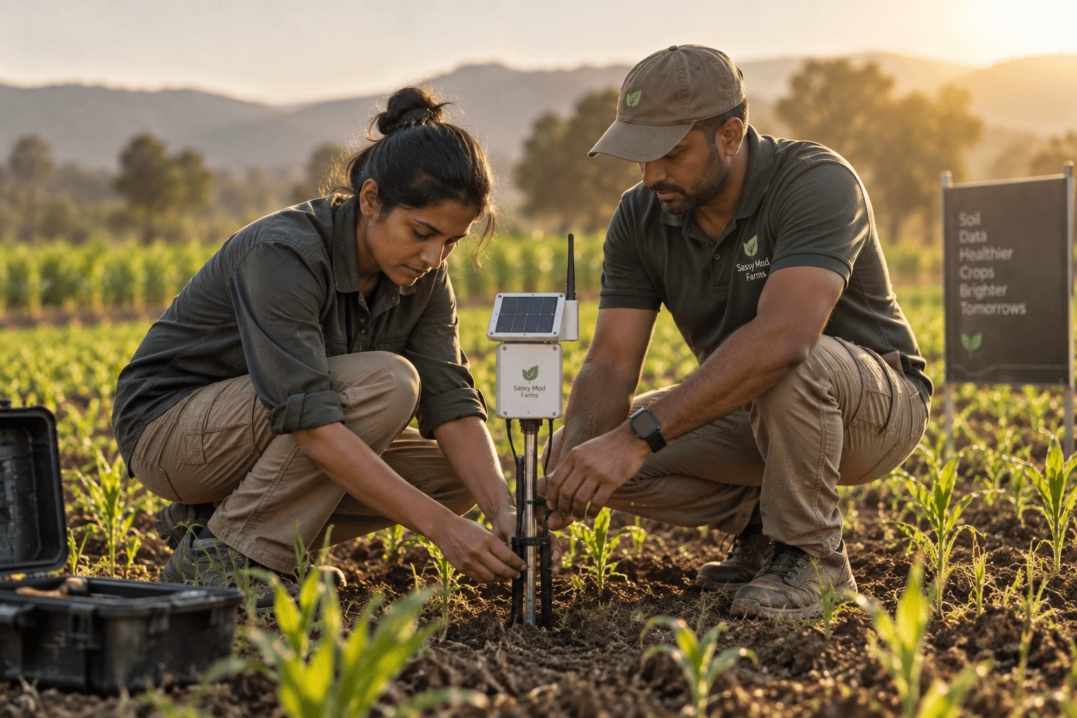 Two field technicians installing a solar-powered IoT soil sensor in a crop row