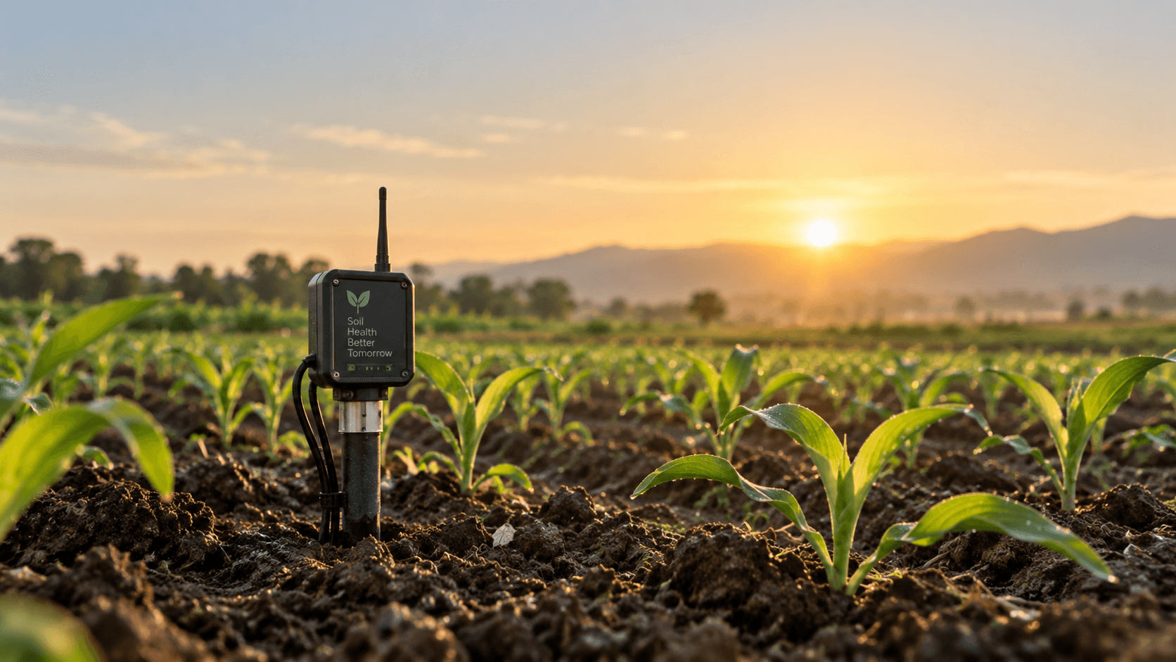 Close-up of a wireless soil sensor in a crop field at sunrise